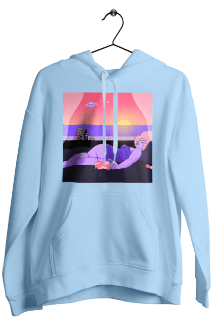 Чоловіче худі з принтом "Фіолетова Дівчина На Відпочинку". Дівчина, захід, телефон. 2070702