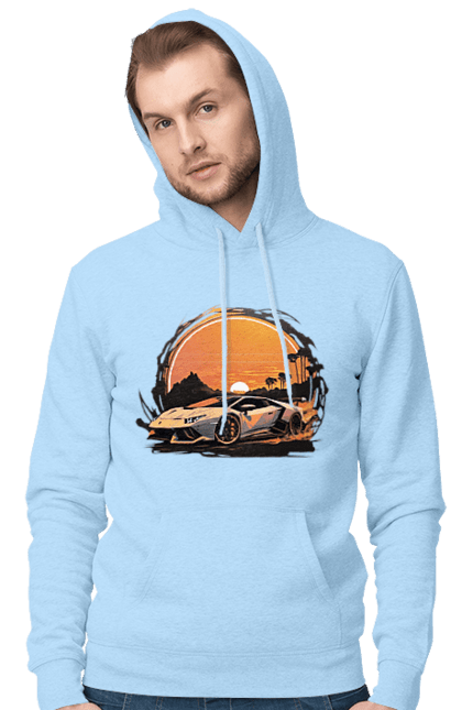 Men`s hoodie with prints Lamborghini at sunset. Car, cars, lamba, lamborghini, lamborghini at sunset. 2070702