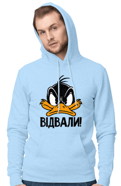 Men`s hoodie with prints Daffy Duck Fuck Off. Daffy duck, disney, duck, duckling, ducks, funny, platypus, ukrainian, yellow duckling. 2070702