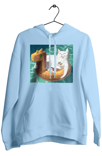 Чоловіче худі з принтом "Білий кіт у плавальному колі, на відпочинку". Басейн, відпочинок, кіт, коктейль, море, плавальний круг. 2070702