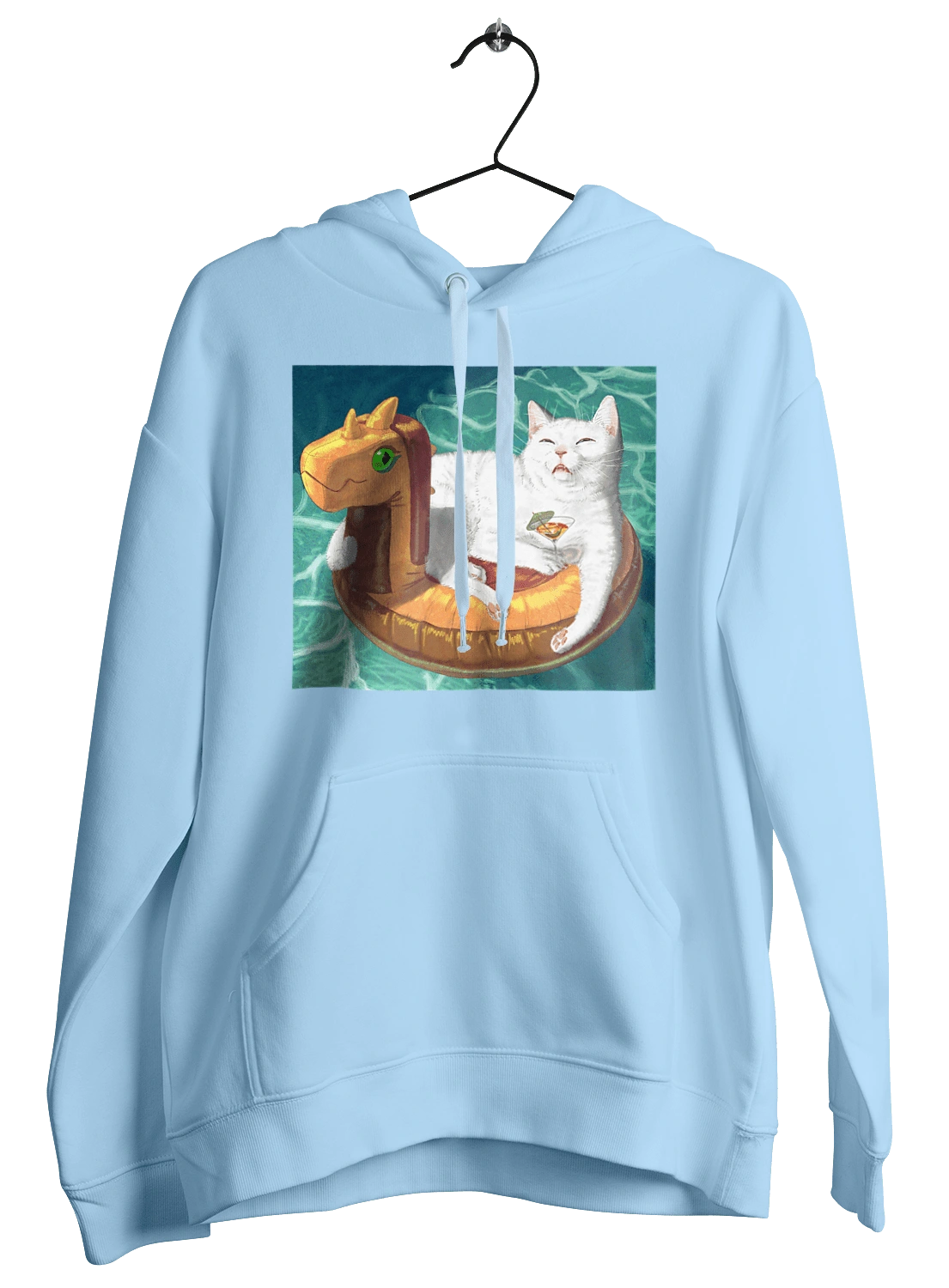 Білий кіт у плавальному колі, на відпочинку