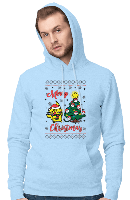 Men`s hoodie with prints Pikachu Merry Christmas!. Anime, christmas, game, manga, merry christmas, nintendo, pikachu, pokemon. 2070702