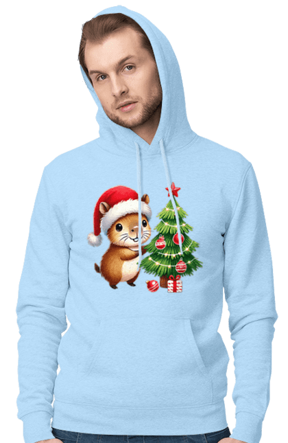 Men's hoodie with prints Christmas Capybara with a Tree. Animal, capybara, christmas, christmas capybara, christmas tree, gift, holiday, new year, new year`s gift, santa. 2070702