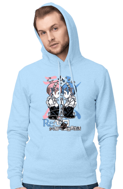 Men's hoodie with prints Re:Zero. Anime, drama, fantasy, manga, ram, re:zero, rem, thriller. 2070702