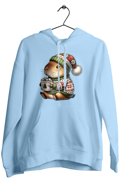 Men's hoodie with prints Capybara with hot chocolate. Animal, capybara, christmas, christmas capybara, gift, holiday, hot chocolate, new year, santa. 2070702