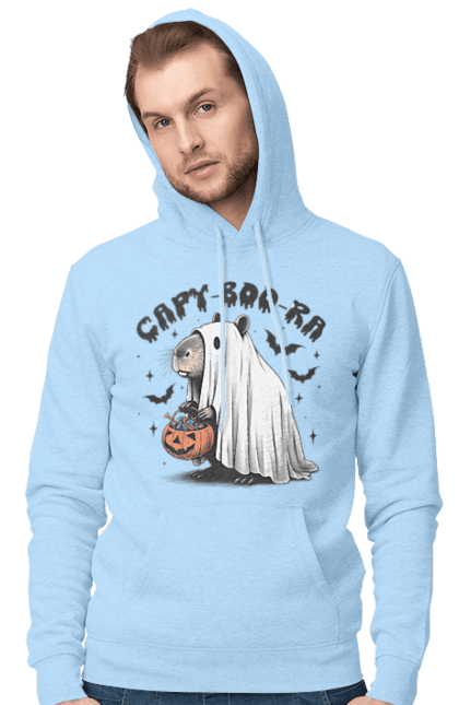 Men's hoodie with prints Capybara Halloween. Animal, capybara, ghost, halloween, holiday, moon, pumpkin, rodent. 2070702