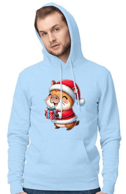 Men's hoodie with prints Christmas Capybara with a Gift. Animal, capybara, christmas, christmas capybara, gift, holiday, new year, new year`s gift, santa. 2070702