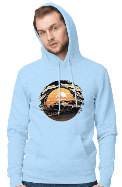 Men`s hoodie with prints Dodge at sunset. Car, cars, dodge. 2070702
