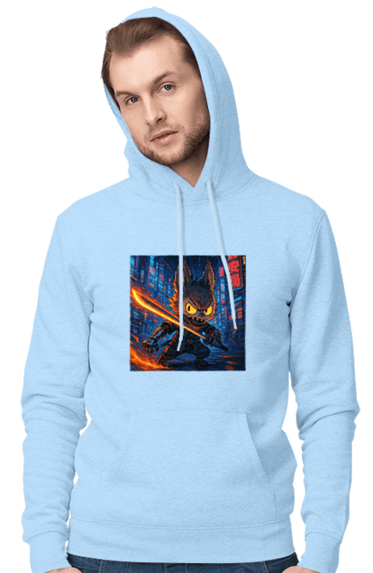 Чоловіче худі з принтом "Лабубу". Аніместиль, дія, катана, кіберніндзя, кіберпанк, лабубу, меч, неонове місто, очі` що світяться. 2070702