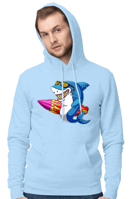 Чоловіче худі з принтом "Акула В Окулярах З Серфінгом". Акула, літо, окуляри, серфінг. 2070702
