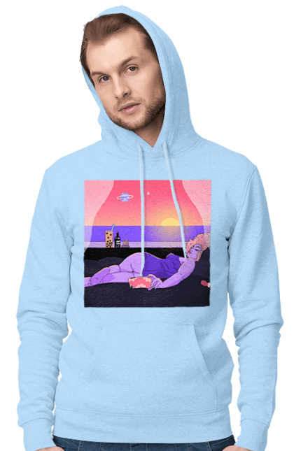 Чоловіче худі з принтом "Фіолетова Дівчина На Відпочинку". Дівчина, захід, телефон. 2070702