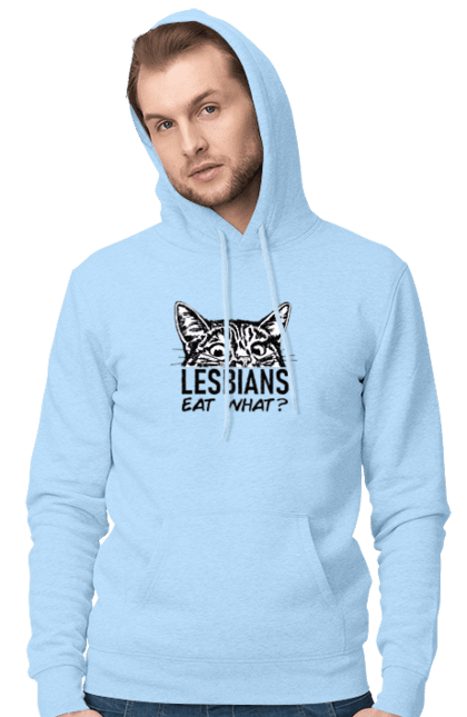 Men`s hoodie with prints What do lesbians eat?. Funny inscriptions, humor, jokes, kittens, lesbians, lgbt. 2070702