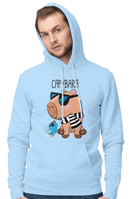 Men`s hoodie with prints Stylish Capybara. Animal, bird, capybara, fashionable capybara, glasses, mood, striped scarf, stylish capybara, sunglasses. 2070702