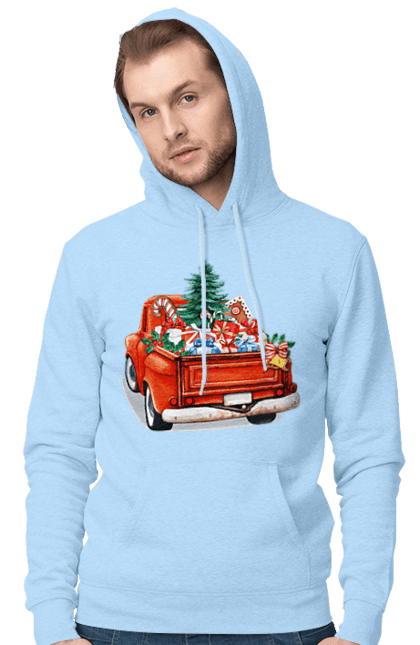 Men`s hoodie with prints Car with gifts. Car, christmas, new year, presents, santa, tree. 2070702