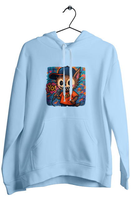 Чоловіче худі з принтом "Лабубу". Бейсболка, вуличне мистецтво, графіті, золотийланцюг, лабубу, мікрофон, міський стиль, репатмосфера, хіпхоп, яскраво. 2070702