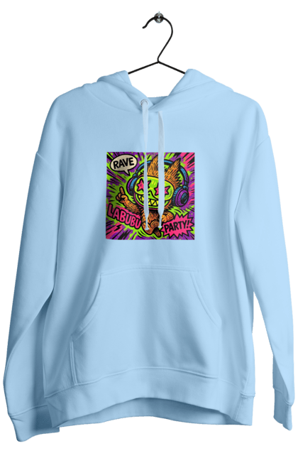 Чоловіче худі з принтом "Лабубу". Вечірка, вуличне мистецтво, графіті, зоряніочі, коміксстиль, лабубу, навушники, неон, попарт, рейв. 2070702