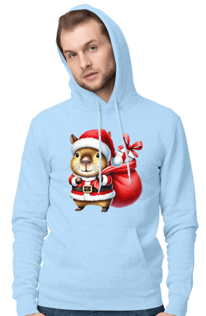 Men's hoodie with prints Christmas capybara with a gift. Animal, capybara, christmas, christmas capybara, gift, holiday, new year, new year`s gift, santa. 2070702