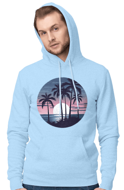 Чоловіче худі з принтом "Пальмовий пляж  На заході сонця". Море, пальма, пальми, пальмовий пляж, пляж. CustomPrint.market