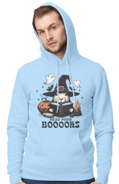 Men's hoodie with prints Capybara Halloween. Animal, capybara, ghost, halloween, holiday, moon, pumpkin, rodent, witch. 2070702