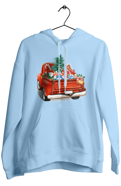 Men`s hoodie with prints Car with gifts. Car, christmas, new year, presents, santa, tree. 2070702