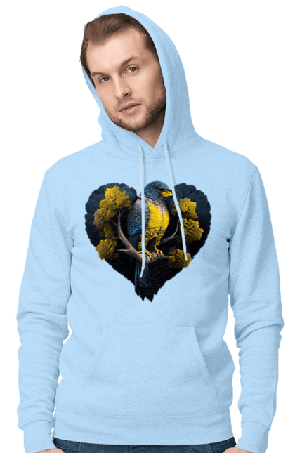 Men`s hoodie with prints Blue and yellow falcon. Falcon, flag of ukraine, heart, symbol of ukraine, tree, ukraine. 2070702
