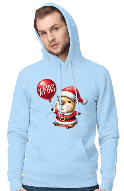 Men's hoodie with prints Christmas Capybara. Animal, balloon, capybara, christmas, christmas capybara, gift, holiday, new year, new year`s gift, santa. 2070702