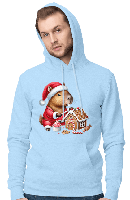 Men's hoodie with prints Capybara builds a gingerbread house. Animal, capybara, christmas, christmas capybara, gift, gingerbread, gingerbread house, holiday, new year, new year`s gift. 2070702