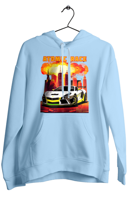 Men`s hoodie with prints Atomic race. Atomic race, automobile, car, race, racing cars, sport car, sports car. 2070702