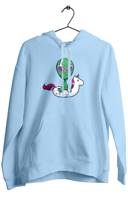 Men`s hoodie with prints Alien Floats In A Circle. Alien, inflatable circle, to swim. 2070702