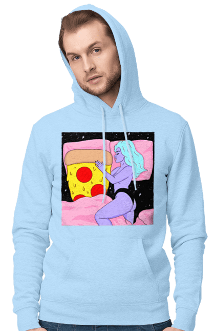 Men`s hoodie with prints Purple Girl And Pizza. Bed, girl, pizza. 2070702