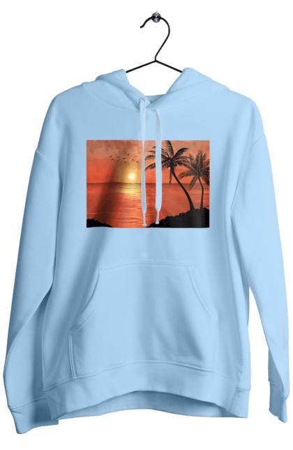 Men`s hoodie with prints West Palm Sea. Palm trees, sea, shore. 2070702