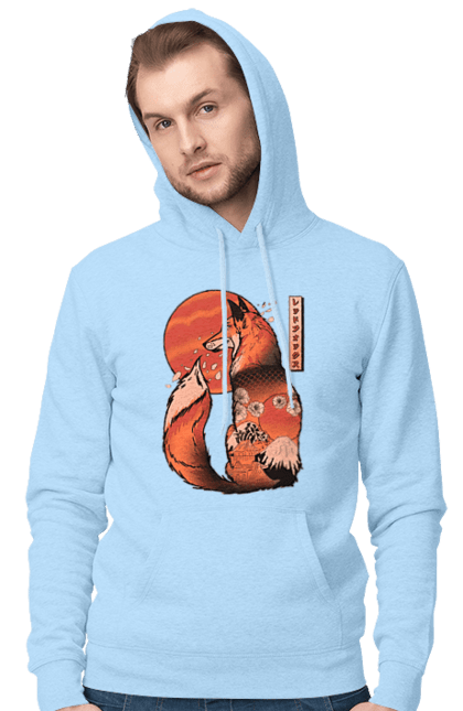 Men's hoodie with prints Kitsune. Animal, cherry blossoms, flowers, fox, great wave, japan, japanese, kitsune, mount fuji, red fox. 2070702