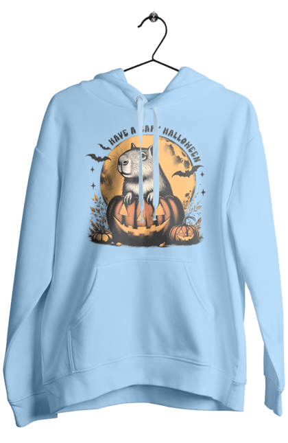 Men's hoodie with prints Capybara Halloween. Animal, capybara, halloween, holiday, moon, pumpkin, rodent. 2070702