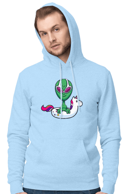 Men`s hoodie with prints Alien Floats In A Circle. Alien, inflatable circle, to swim. 2070702