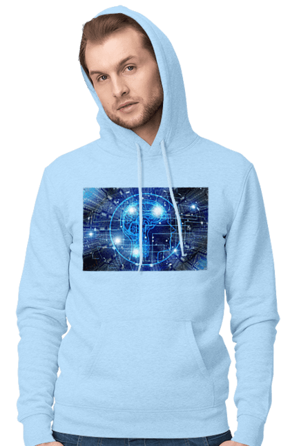 Чоловіче худі з принтом "Штучний інтелект". Айті, айтішник, гік, знання, інженер, інтелект, кібер, кібернетика, кіборг, код, комп, комп`ютерник, кристал, машинне навчання, мікросхема, мозок, портрет, програміст, професіонал, професія, розробник, розум, хакер, чіп, штучний інтелект, штучний розум. 2070702