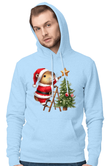 Men's hoodie with prints Christmas Capybara with a Tree. Animal, capybara, christmas, christmas capybara, christmas tree, gift, holiday, new year, new year`s gift, santa. 2070702