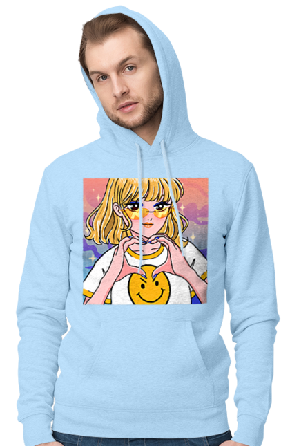 Men`s hoodie with prints Yellow Girl. Anime, girl, smiley. 2070702