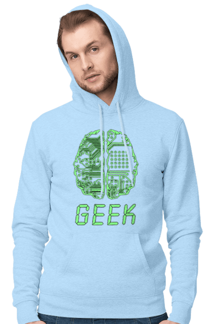 Men`s hoodie with prints Geek Brain Neon. Brain, chip, code, comp, crystal, cyber, cybernetics, cyborg, engineer, geek, green, it, it specialist, knowledge, light, luminous, mind, neon, printed circuit board, professional. 2070702