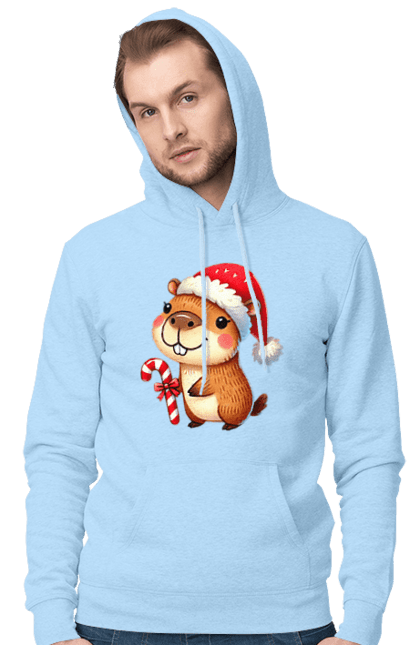 Men's hoodie with prints Capybara with Christmas Candy. Animal, capybara, christmas, christmas capybara, gift, holiday, lollipop, new year, new year`s gift, santa. 2070702