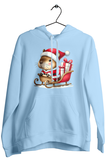 Men's hoodie with prints Christmas Capybara with a Gift. Animal, capybara, christmas, christmas capybara, gift, holiday, new year, new year`s gift, santa. 2070702