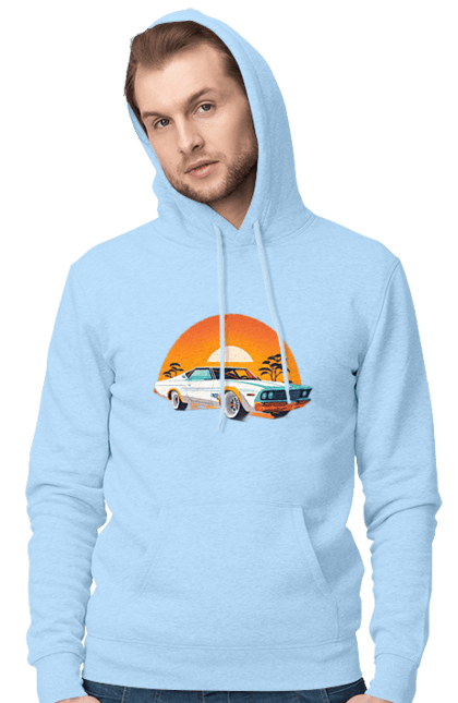 Men`s hoodie with prints Beautiful car at sunset. Auto, decline, sun. 2070702