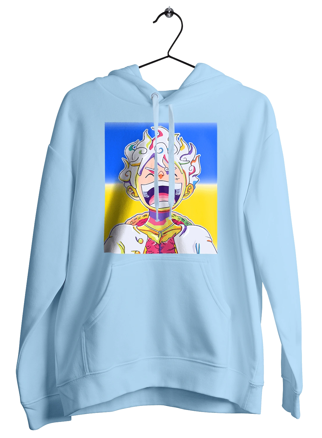 Монки д Луффи смеется на желтом синем фоне.