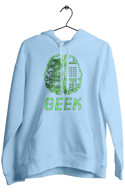 Men`s hoodie with prints Geek Brain Neon. Brain, chip, code, comp, crystal, cyber, cybernetics, cyborg, engineer, geek, green, it, it specialist, knowledge, light, luminous, mind, neon, printed circuit board, professional. 2070702