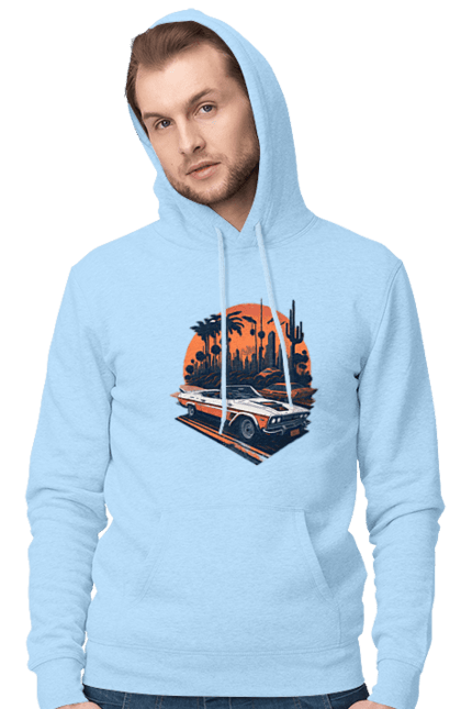 Men`s hoodie with prints Beautiful car at sunset. Auto, sun, sunset. 2070702