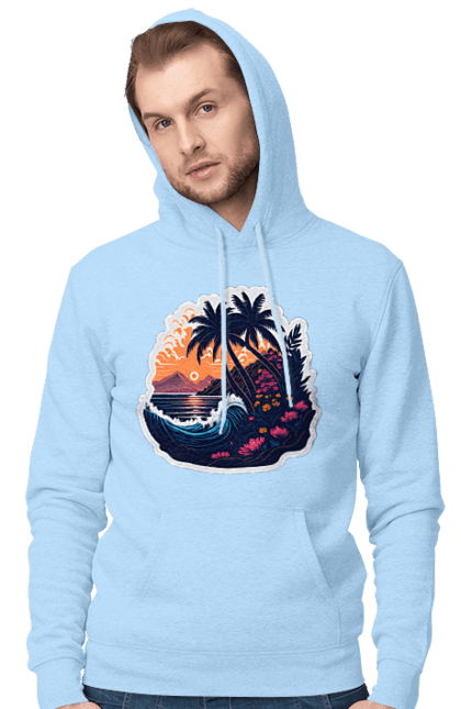 Чоловіче худі з принтом "Дивовижна пальма біля моря на закаті сонця". Закат сонця, море, пальма. CustomPrint.market