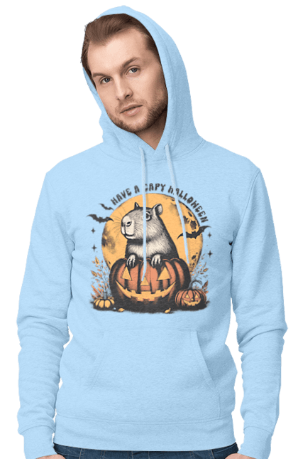 Men's hoodie with prints Capybara Halloween. Animal, capybara, halloween, holiday, moon, pumpkin, rodent. 2070702