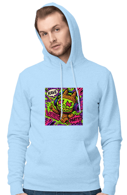 Чоловіче худі з принтом "Лабубу". Вечірка, вуличне мистецтво, графіті, зоряніочі, коміксстиль, лабубу, навушники, неон, попарт, рейв. 2070702