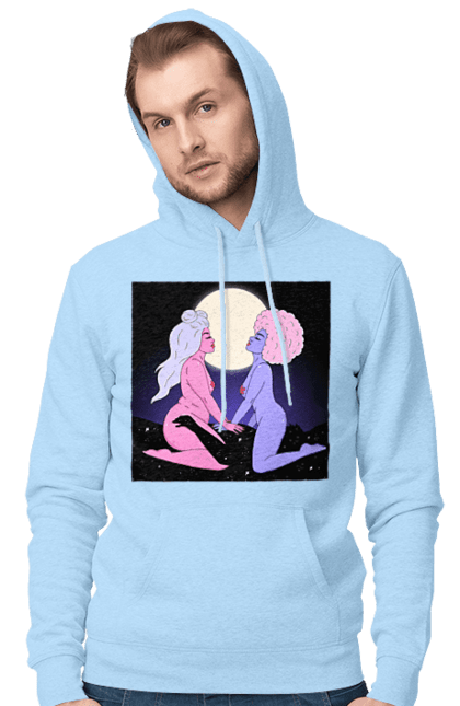 Чоловіче худі з принтом "Дві Інопланетянки І Місяць". Дівчата, зверху, інопланетянки. 2070702