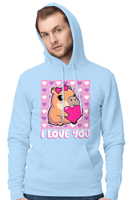 Чоловіче худі з принтом "Закохана капібара". I love you, валентинка, день святого валентина, капибара, кохання, милі тварини, пара капібар, романтика, романтичний подарунок, серця. 2070702