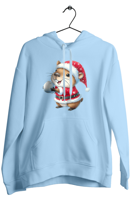 Men's hoodie with prints Capybara playing snowballs. Animal, capybara, christmas, christmas capybara, game, gift, holiday, new year, santa, snowballs. 2070702